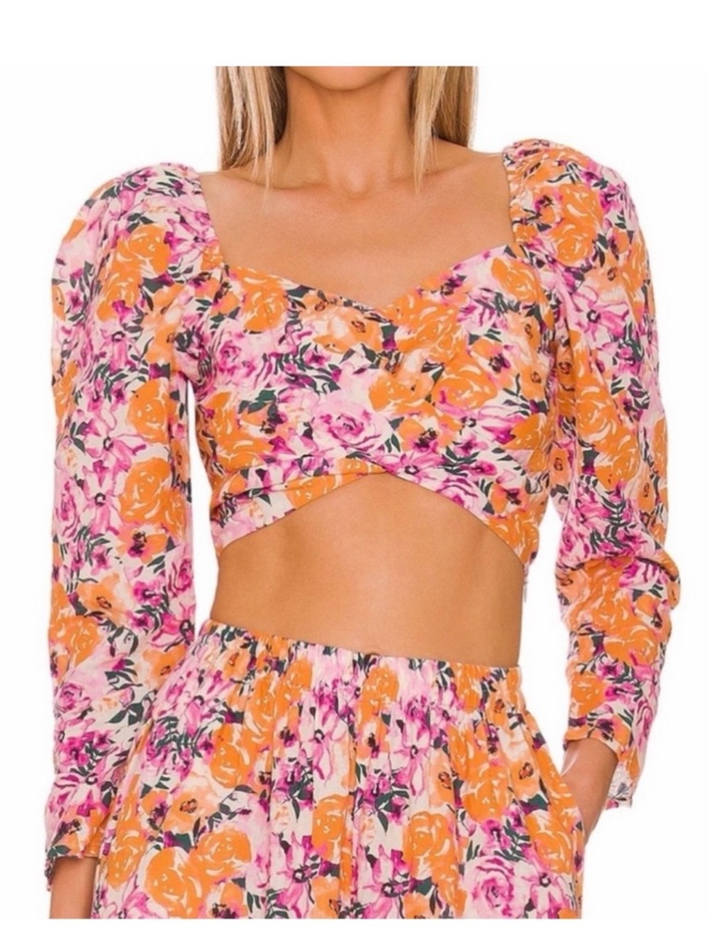 Something Navy Orange & Pink Floral Wrap Crop Top